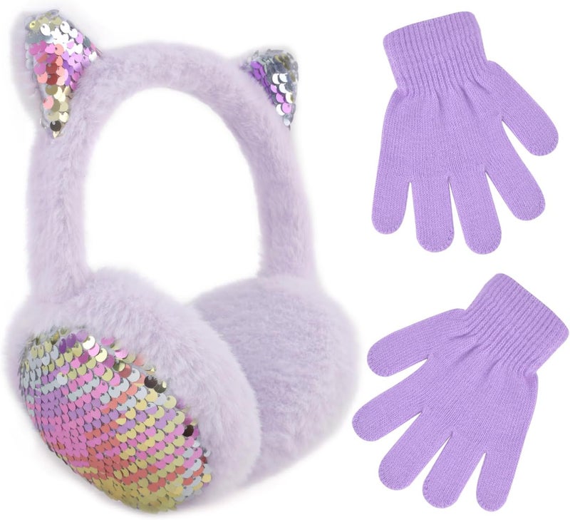 EDCYF Ear Muffs Gloves Set for Kids Girls Winter Ear Muffs Adjustable Sequins Warm Earmuffs Furry Outdoor - Image 1